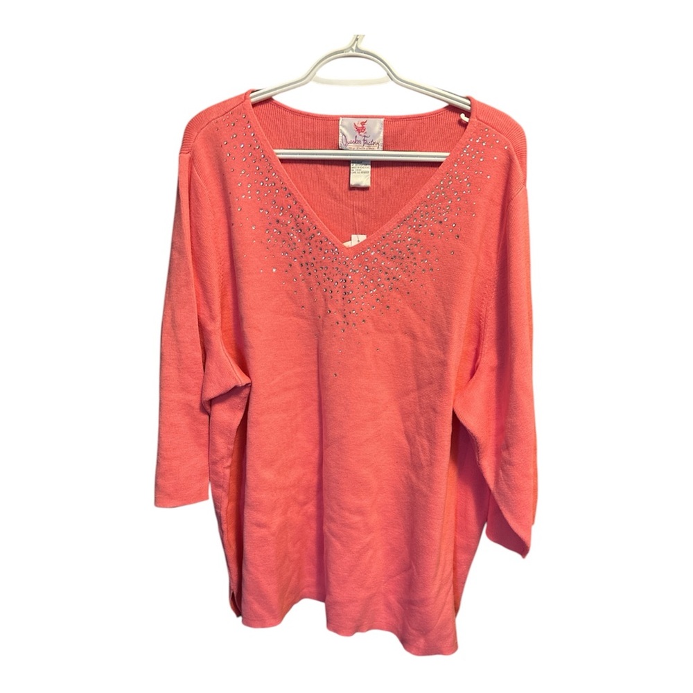 Quacker factory V Necked Sweater W/rhinestone Accents Coral Color 2X NWT